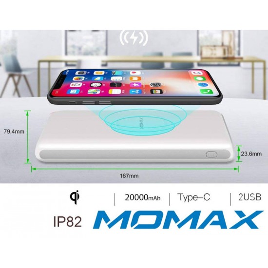 Momax 20000mAh Power Bank with QI Wireless Charging IP82 White